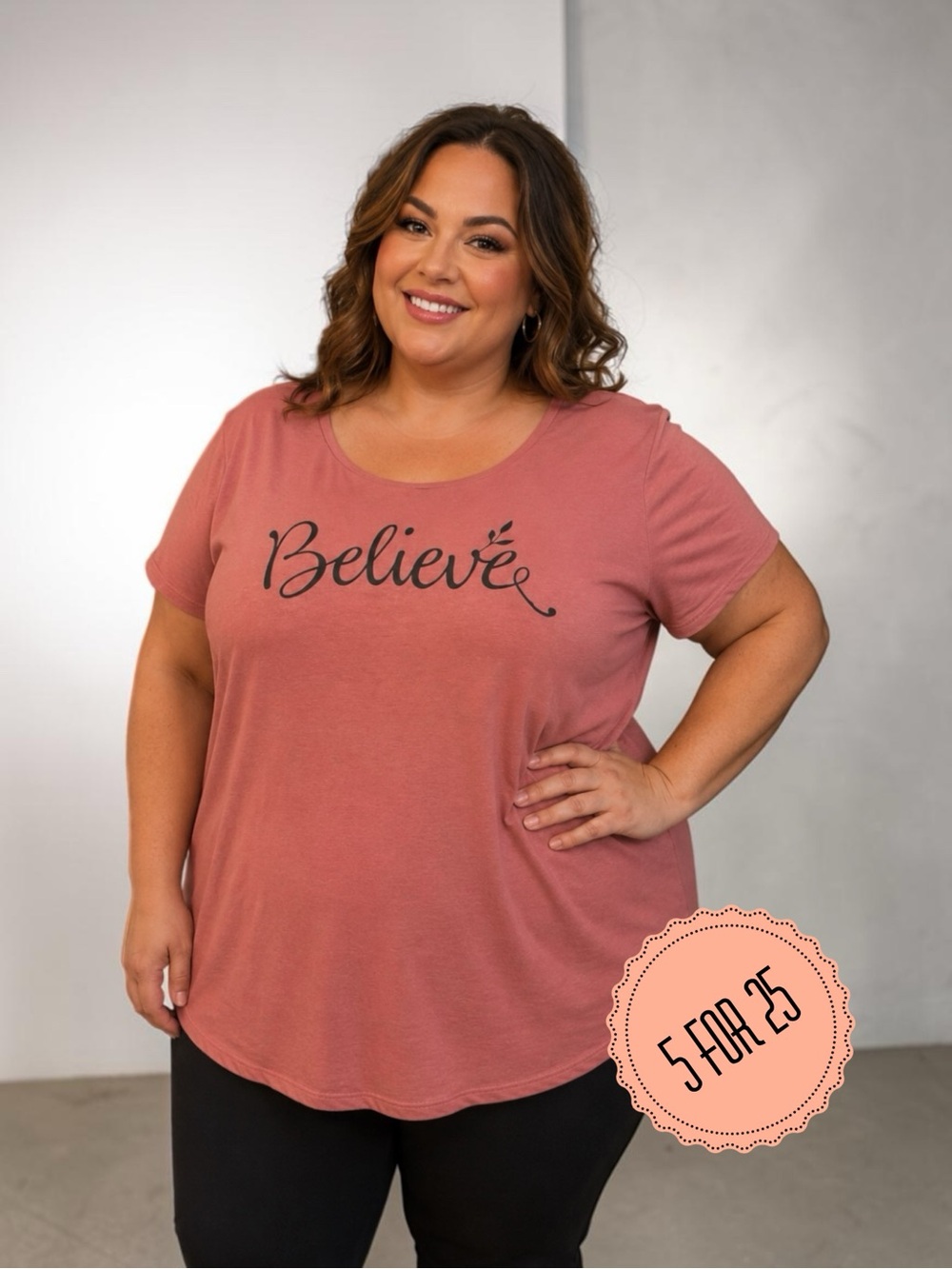 Rags I Riches 1X “Believe” Graphic Tee Pink Inspirational Top